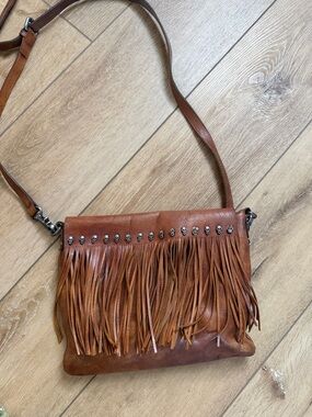 POL Fringe Crossbody Bag with Skull Stud Accents - Brown